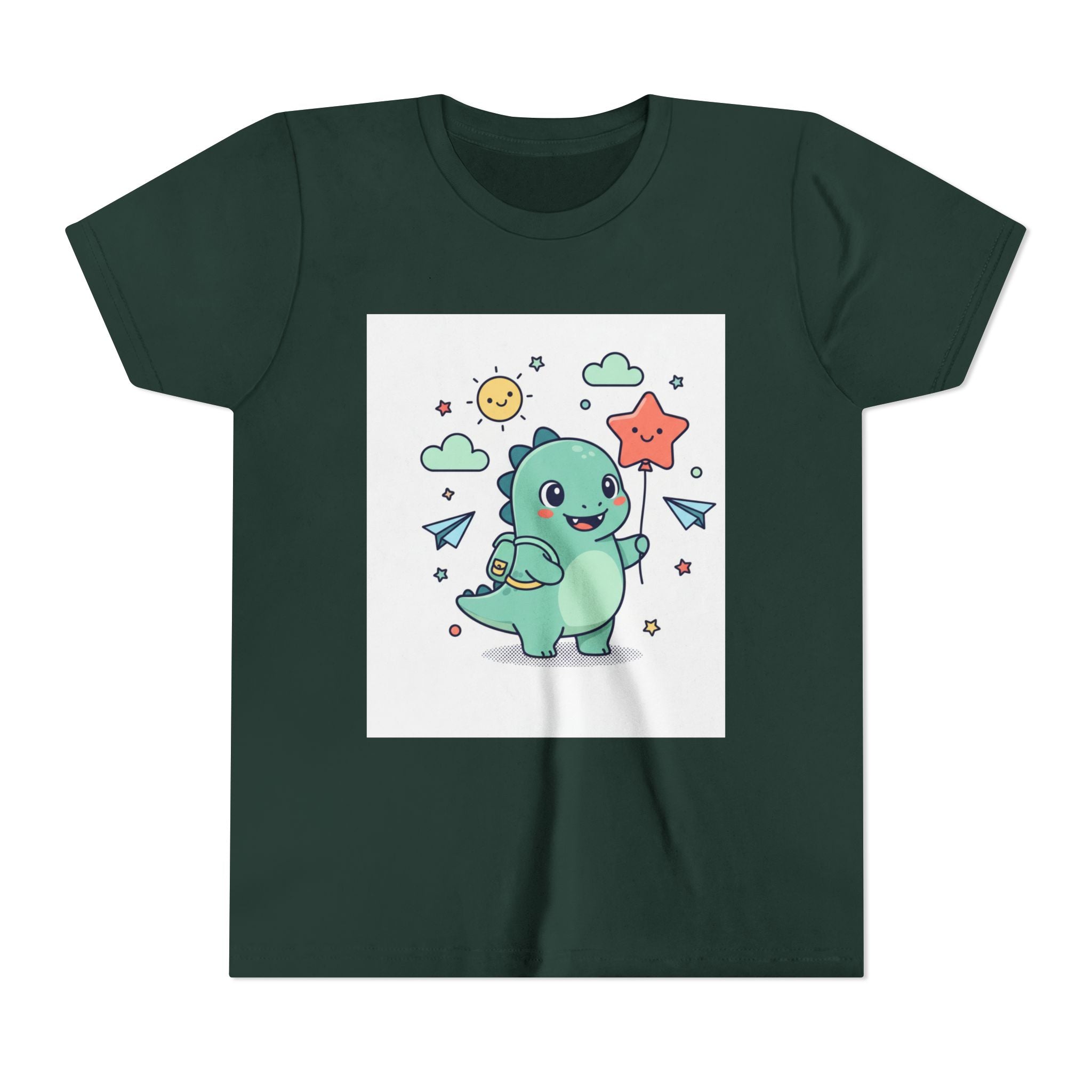 Cute Dinosaur Kids T-Shirt — Happy Dino Holding Star | Youth Short Sleeve Tee