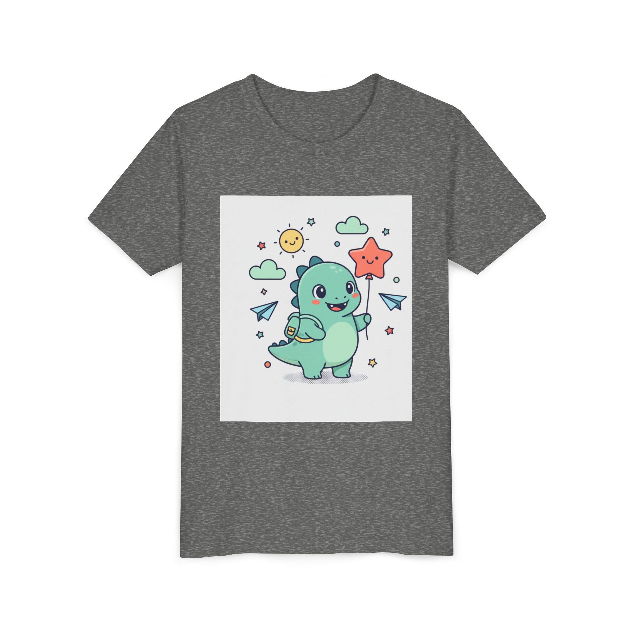 Cute Dinosaur Kids T-Shirt — Happy Dino Holding Star | Youth Short Sleeve Tee