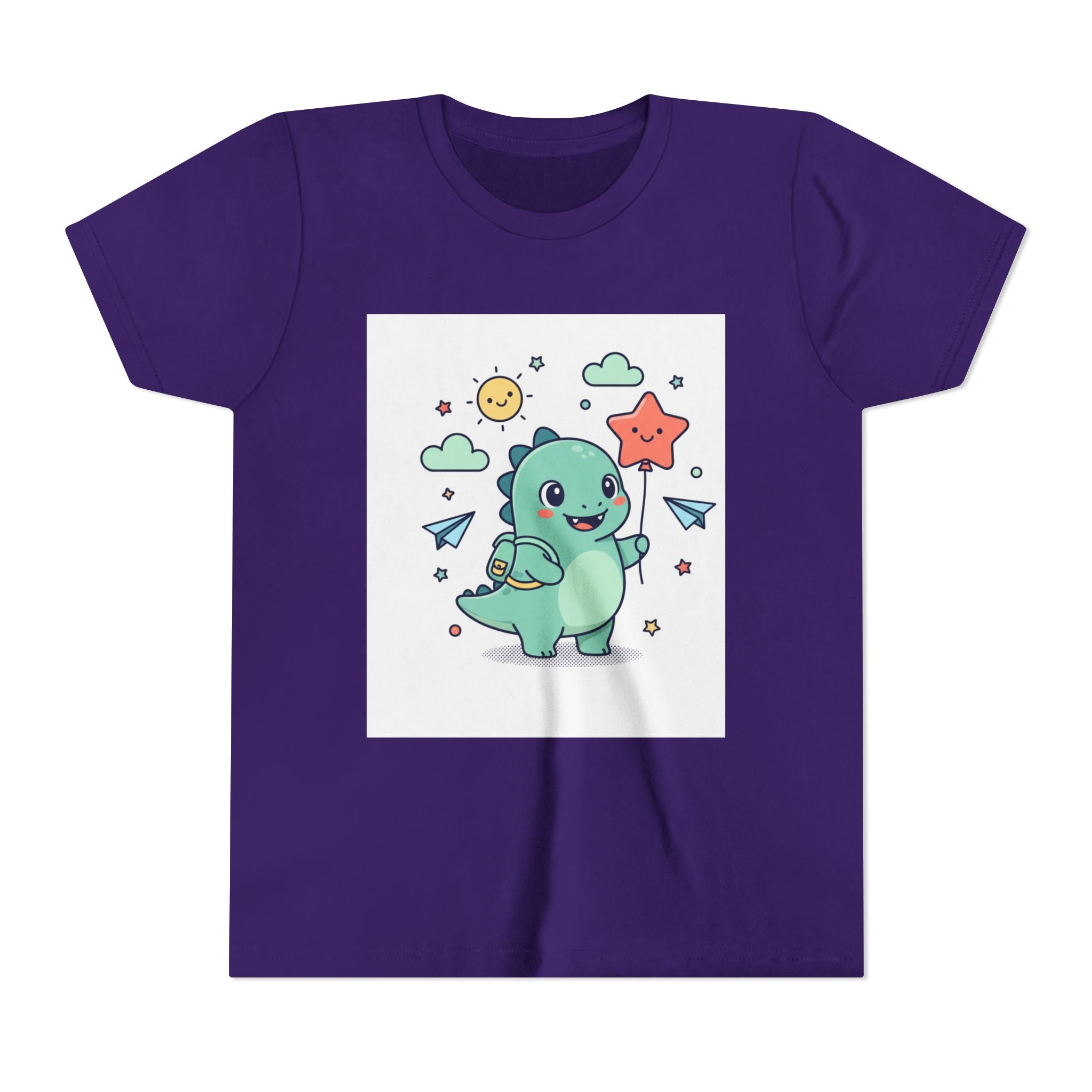 Cute Dinosaur Kids T-Shirt — Happy Dino Holding Star | Youth Short Sleeve Tee