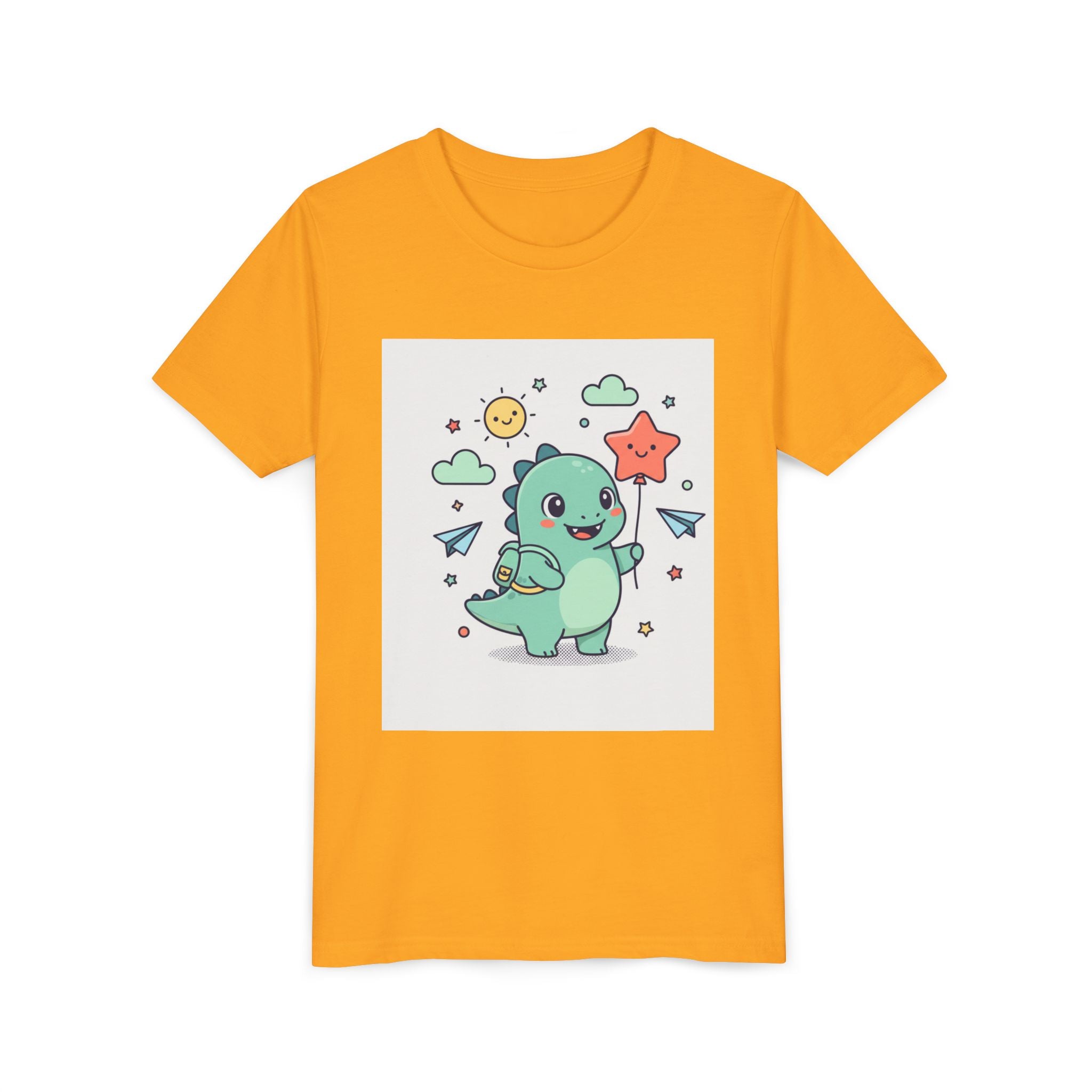 Cute Dinosaur Kids T-Shirt — Happy Dino Holding Star | Youth Short Sleeve Tee