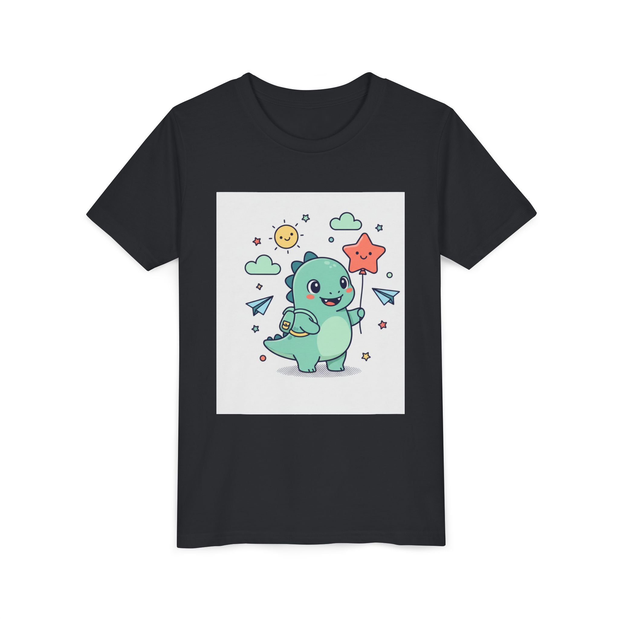 Cute Dinosaur Kids T-Shirt — Happy Dino Holding Star | Youth Short Sleeve Tee