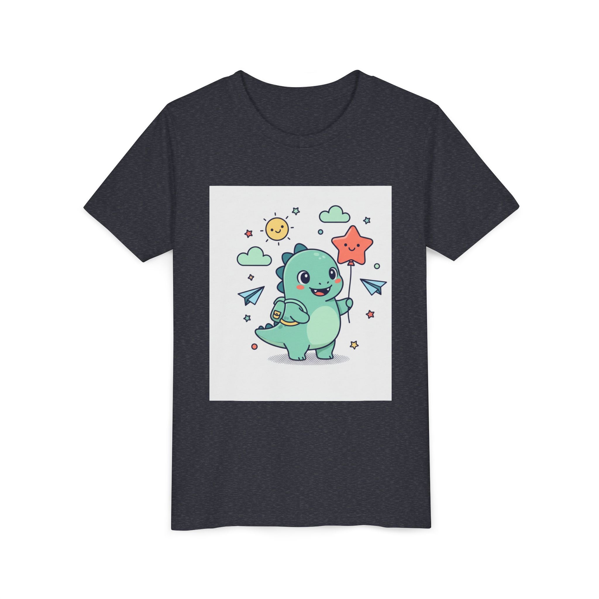 Cute Dinosaur Kids T-Shirt — Happy Dino Holding Star | Youth Short Sleeve Tee