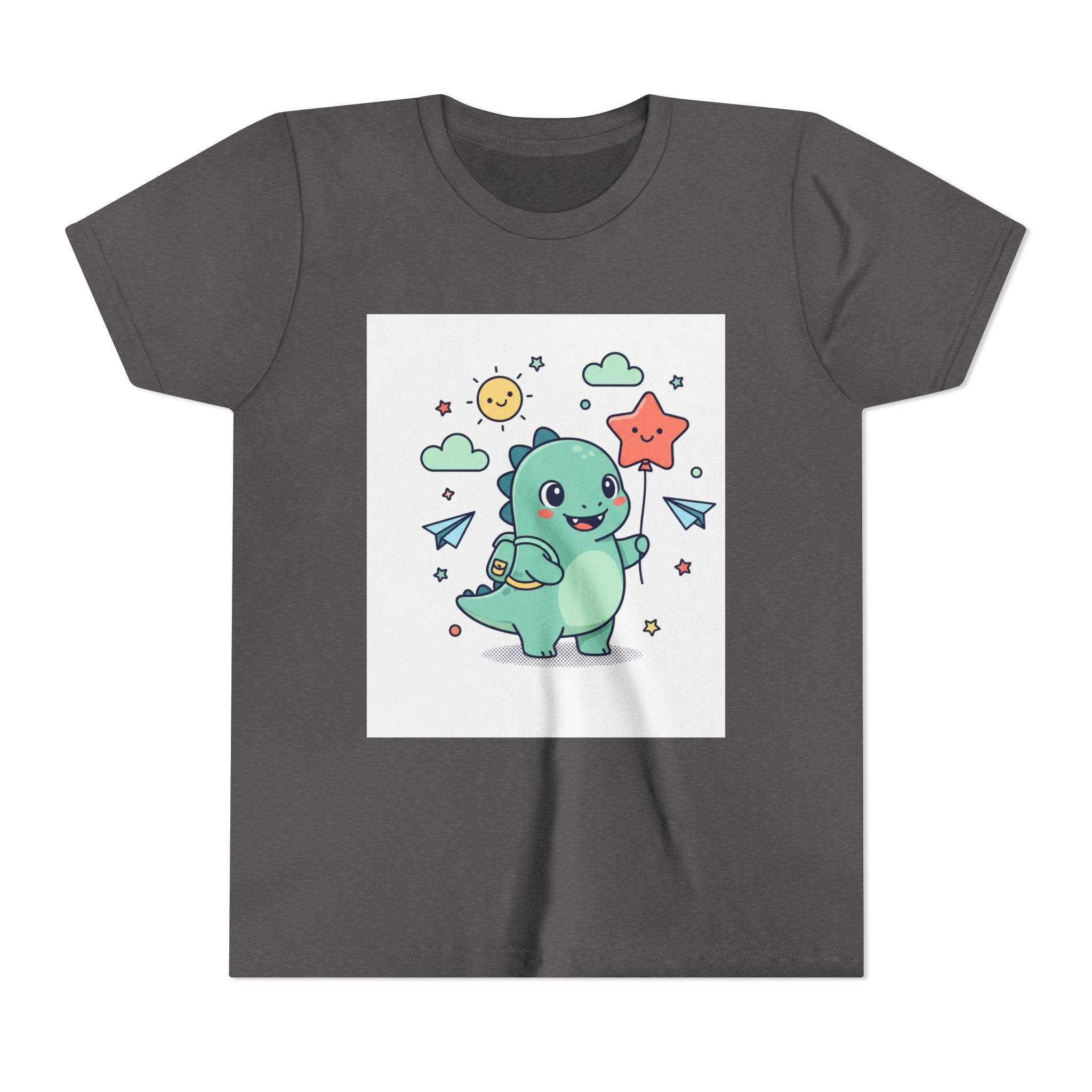 Cute Dinosaur Kids T-Shirt — Happy Dino Holding Star | Youth Short Sleeve Tee