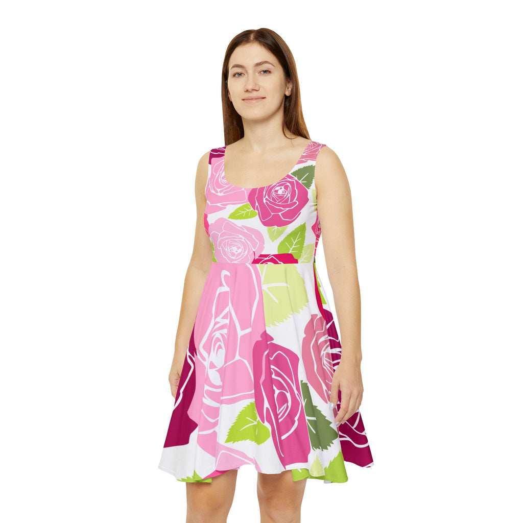 Pink Rose Floral Skater Dress — Women's Floral Swing Dress for Spring & Valentine's Day