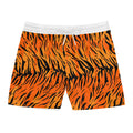 Orange and black tiger stripe shorts on a white background