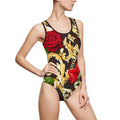 One-piece swimsuit with floral and baroque design on a white background