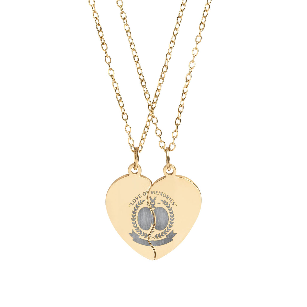 Gold heart-shaped necklace with engraved design on a white background