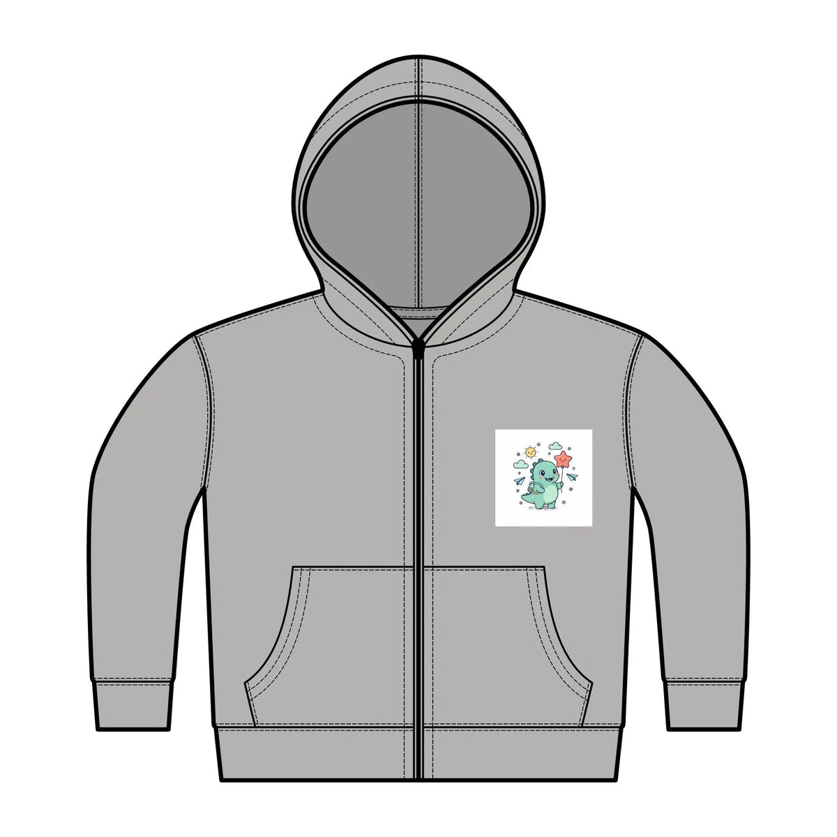 Gray hoodie with a small graphic on the chest on a white background