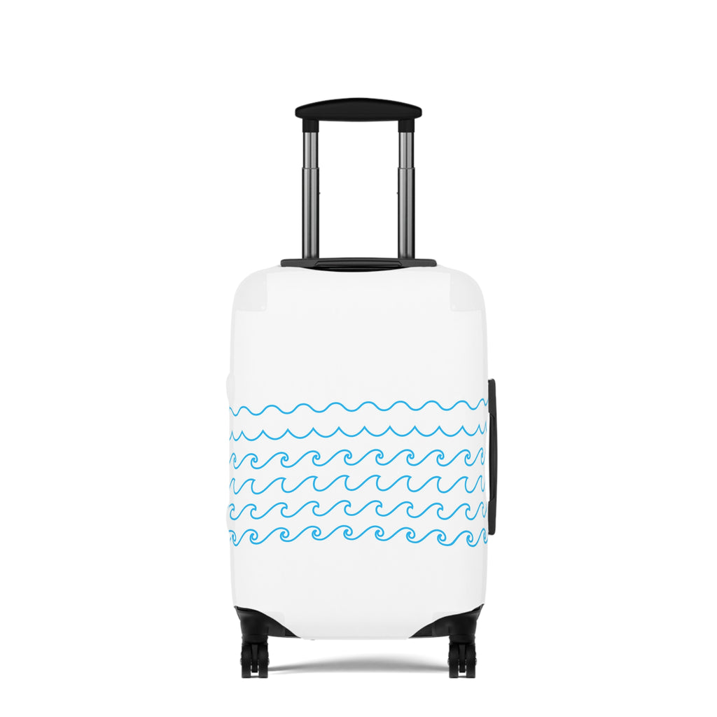 White suitcase with blue wave pattern on a white background