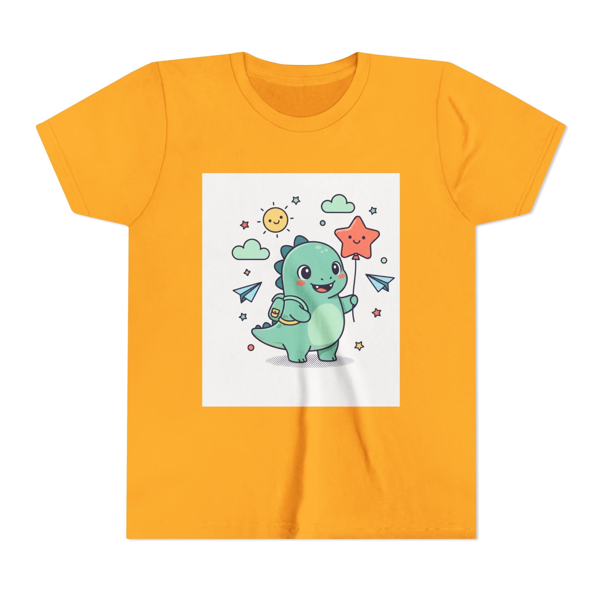 Cute Dinosaur Kids T-Shirt — Happy Dino Holding Star | Youth Short Sleeve Tee