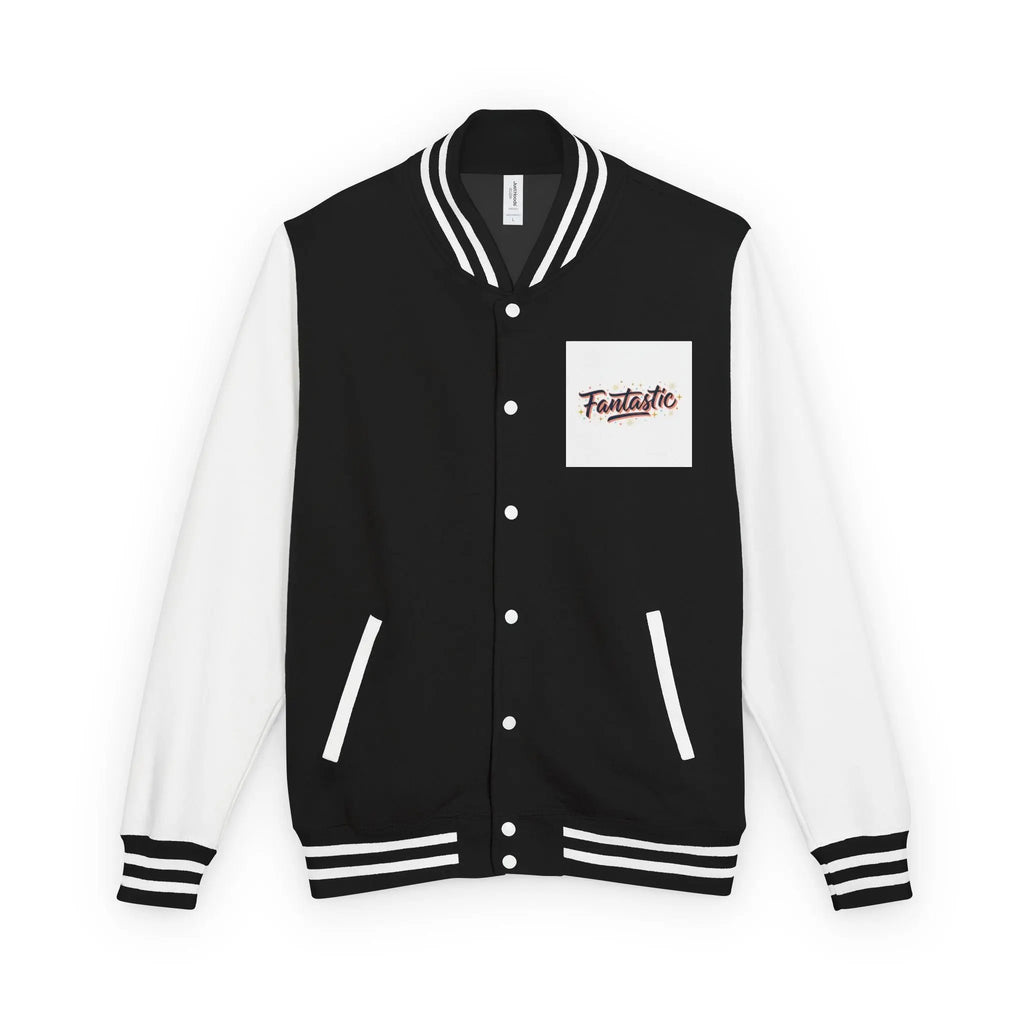Black and white varsity jacket with a pocket displaying the word 'Fantastic'.