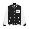 Black and white varsity jacket with a pocket displaying the word 'Fantastic'.