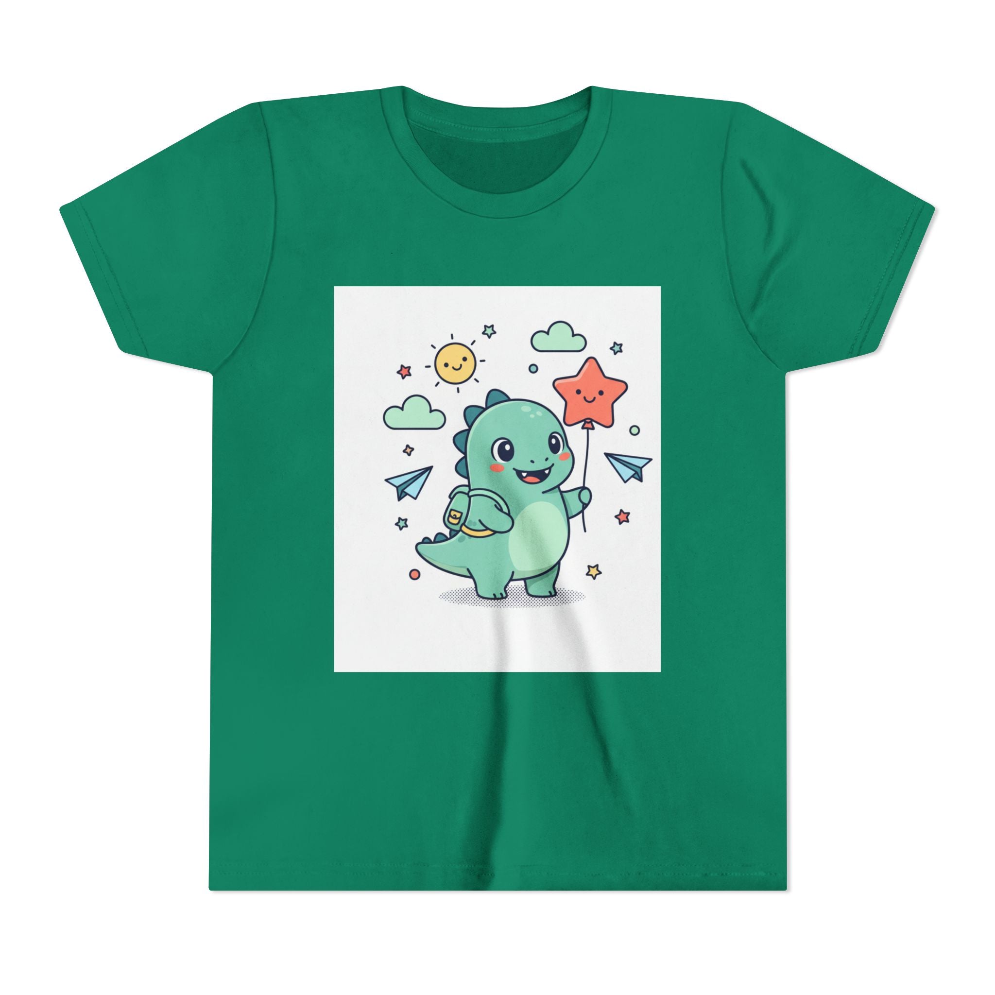Cute Dinosaur Kids T-Shirt — Happy Dino Holding Star | Youth Short Sleeve Tee