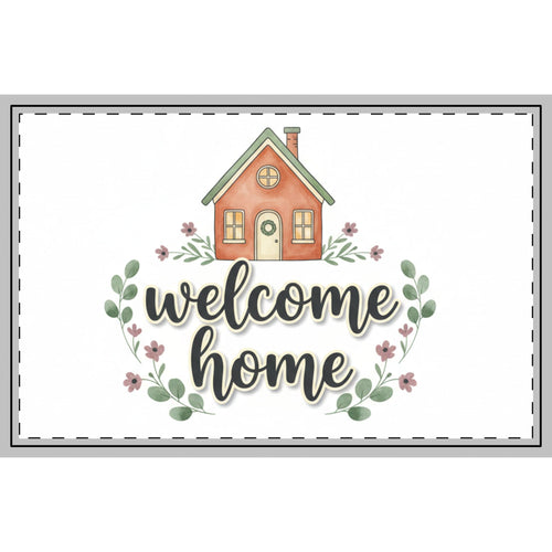 Illustration of a house with 'welcome home' text on a white background