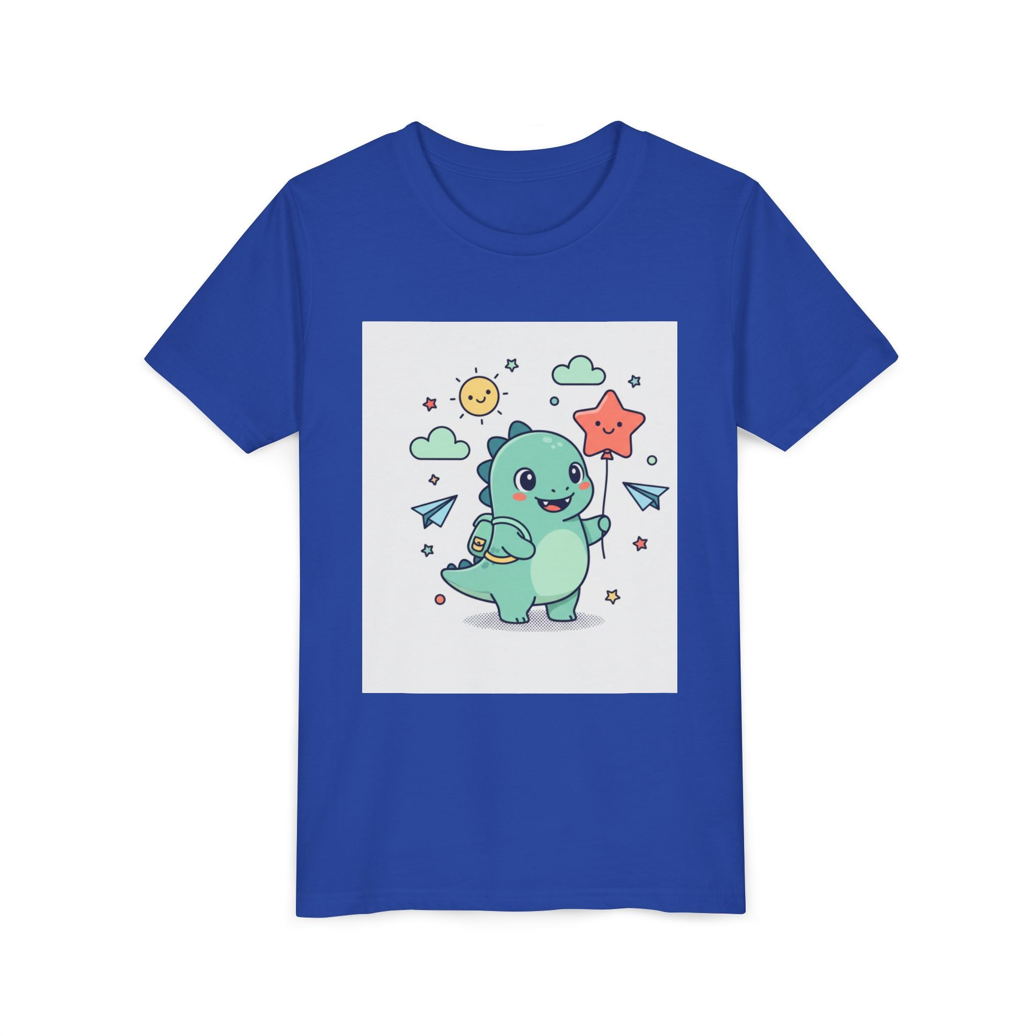 Cute Dinosaur Kids T-Shirt — Happy Dino Holding Star | Youth Short Sleeve Tee