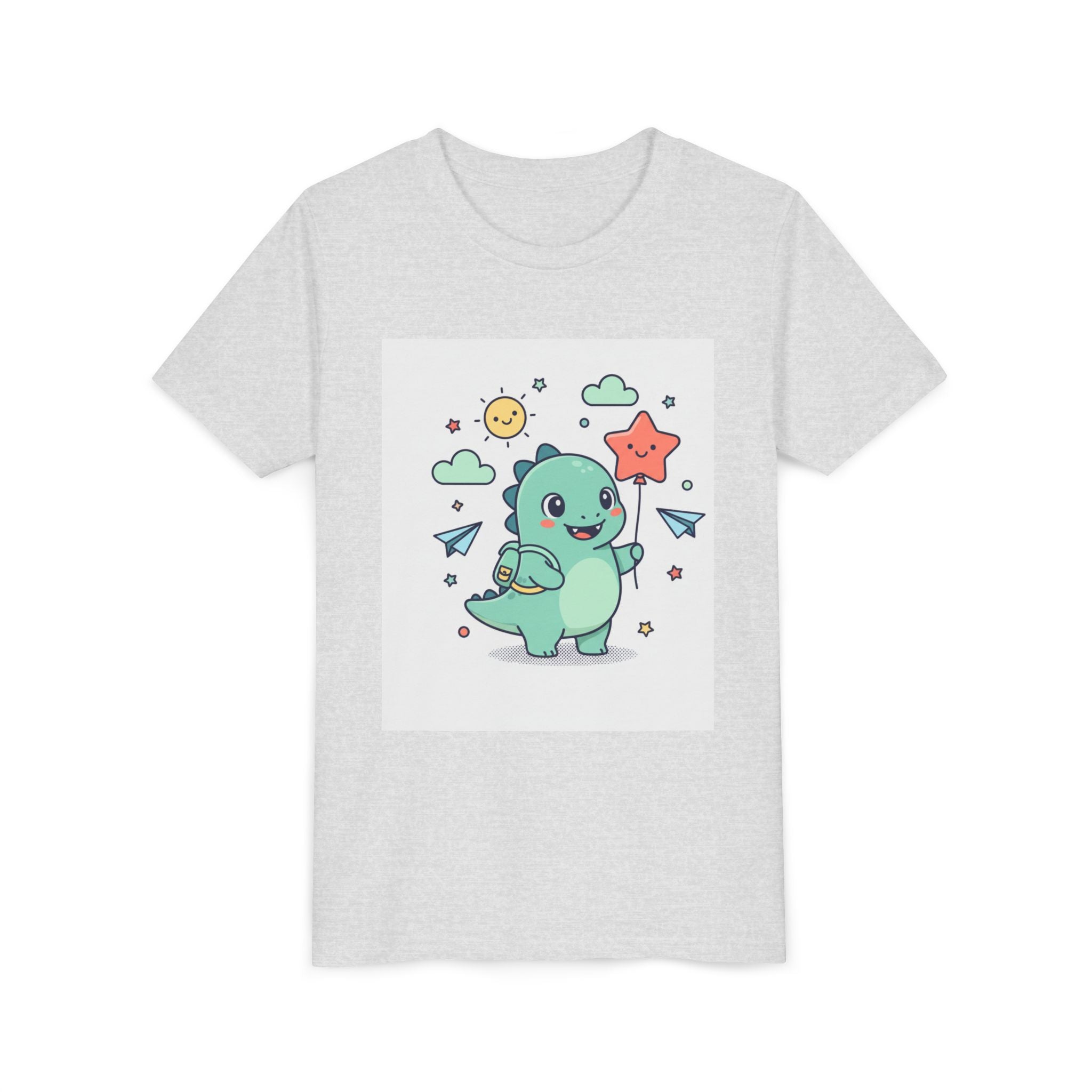 Cute Dinosaur Kids T-Shirt — Happy Dino Holding Star | Youth Short Sleeve Tee