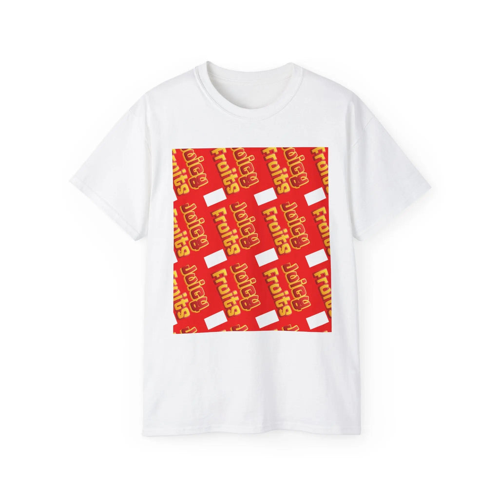 White t-shirt with a red and yellow graphic design on a white background