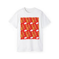 White t-shirt with a red and yellow graphic design on a white background
