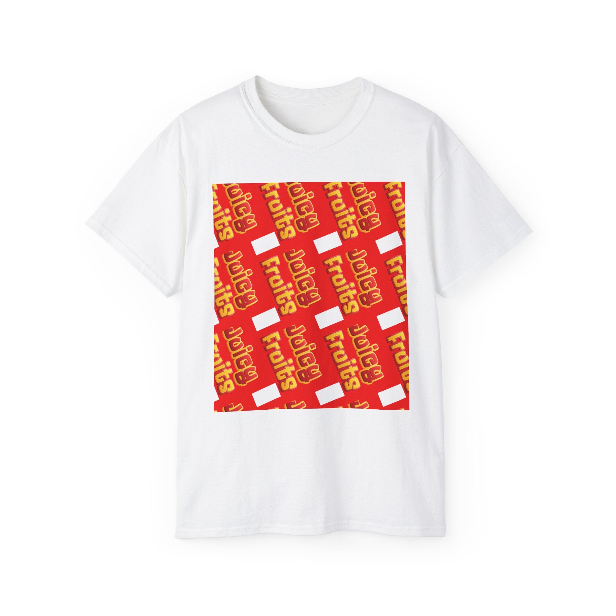 Juicy Fruits Graphic Tee — Retro Red Fruit Pattern T-Shirt