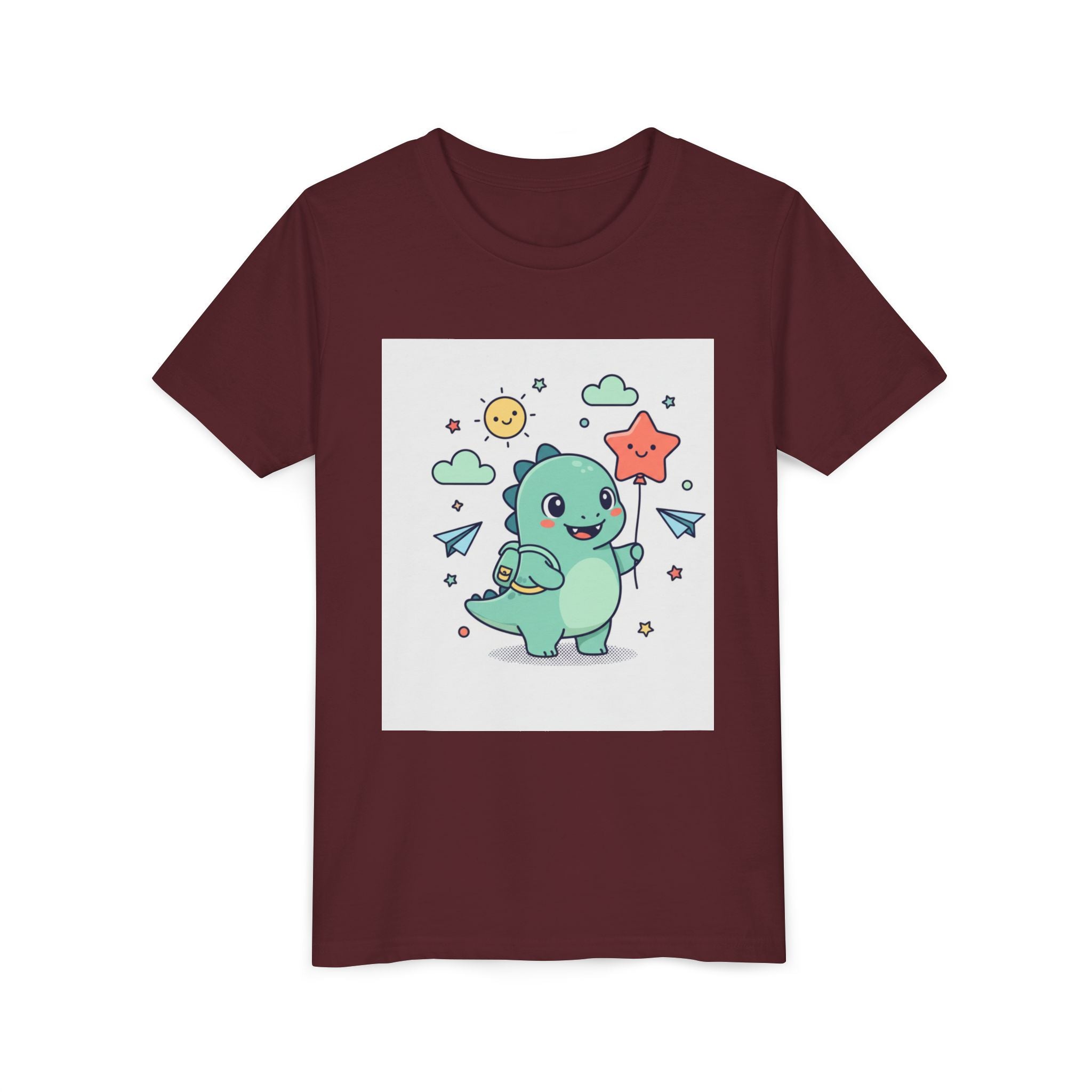 Cute Dinosaur Kids T-Shirt — Happy Dino Holding Star | Youth Short Sleeve Tee