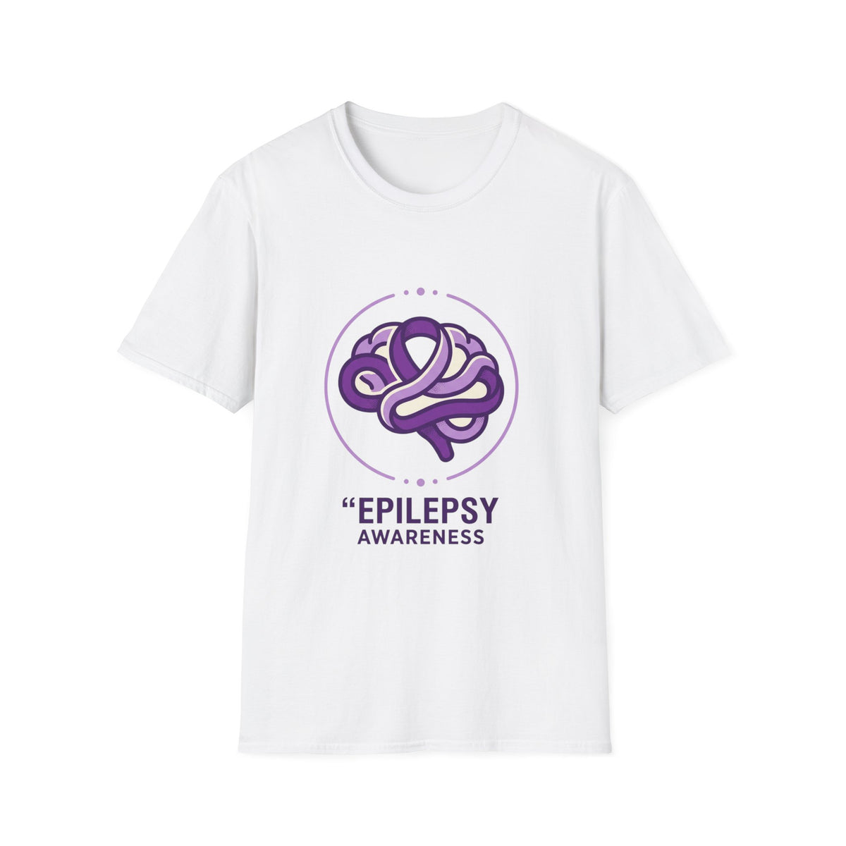 White t-shirt with epilepsy awareness design featuring a purple brain and ribbon on a white background