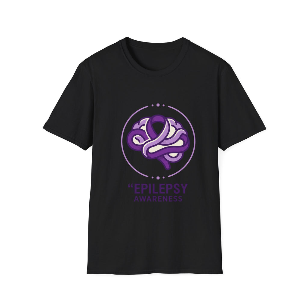 Black t-shirt with epilepsy awareness design featuring a purple ribbon and brain outline on a white background.