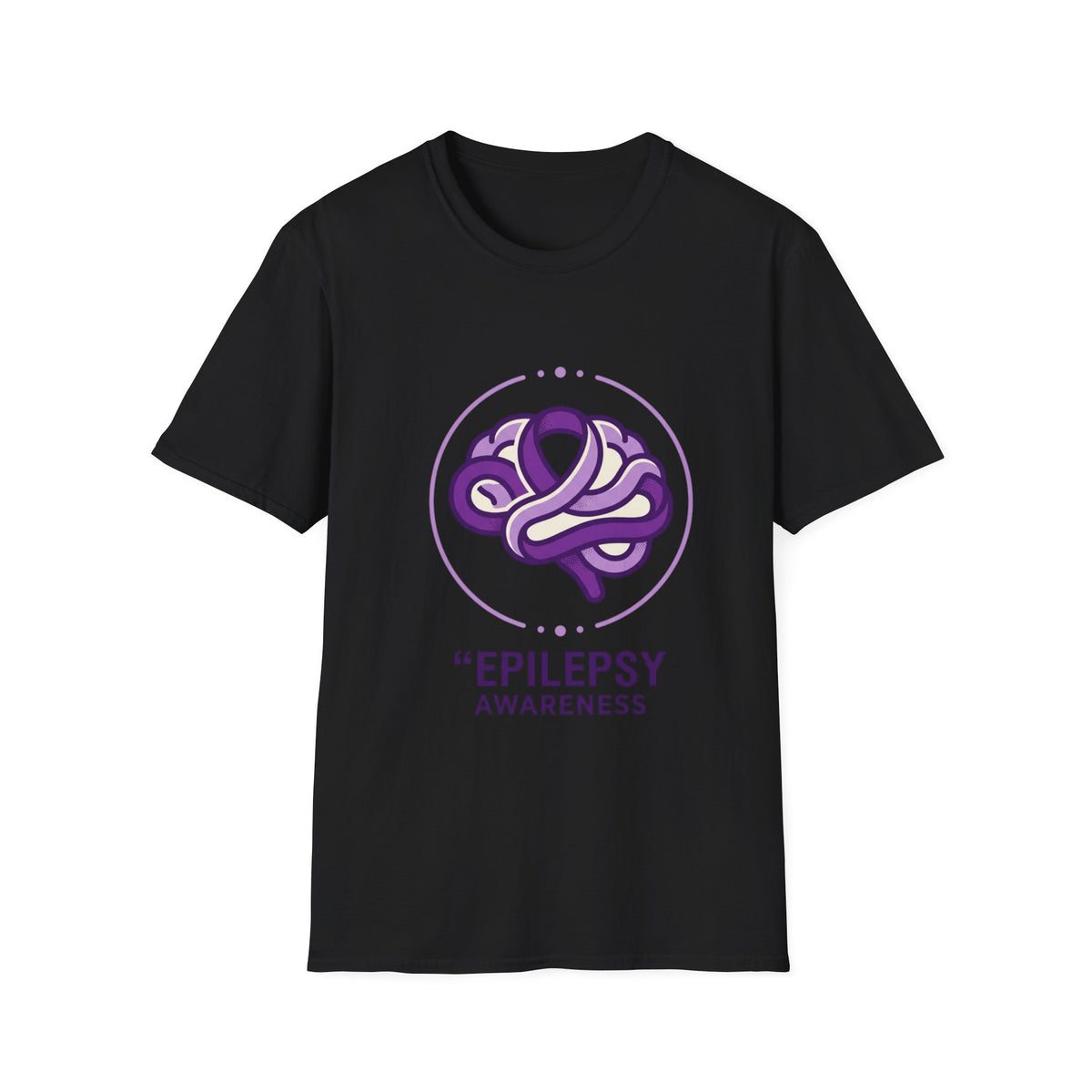 Black t-shirt with epilepsy awareness design featuring a purple ribbon and brain outline on a white background.