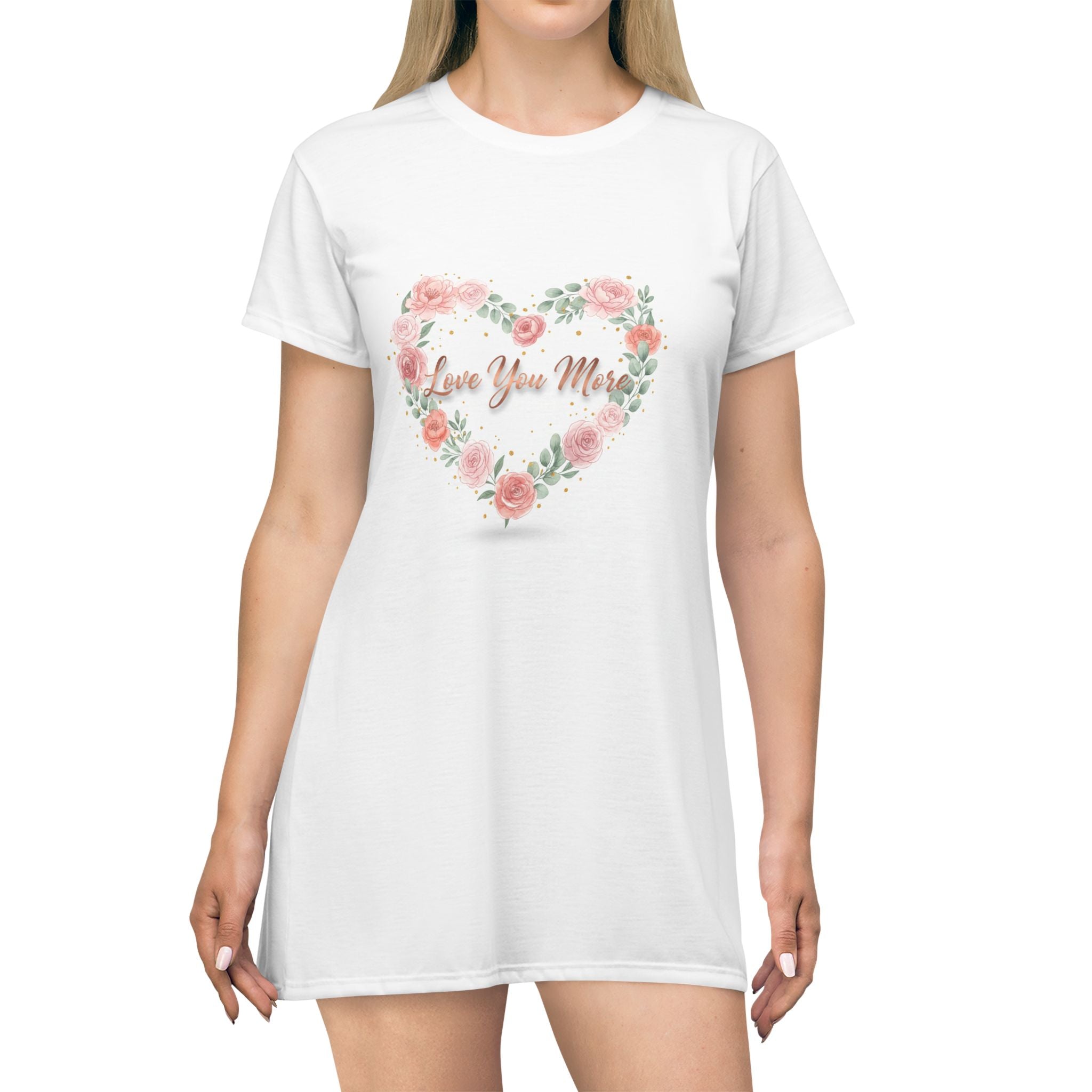 Floral Heart "Love You More" T-Shirt Dress — Romantic Rose Graphic