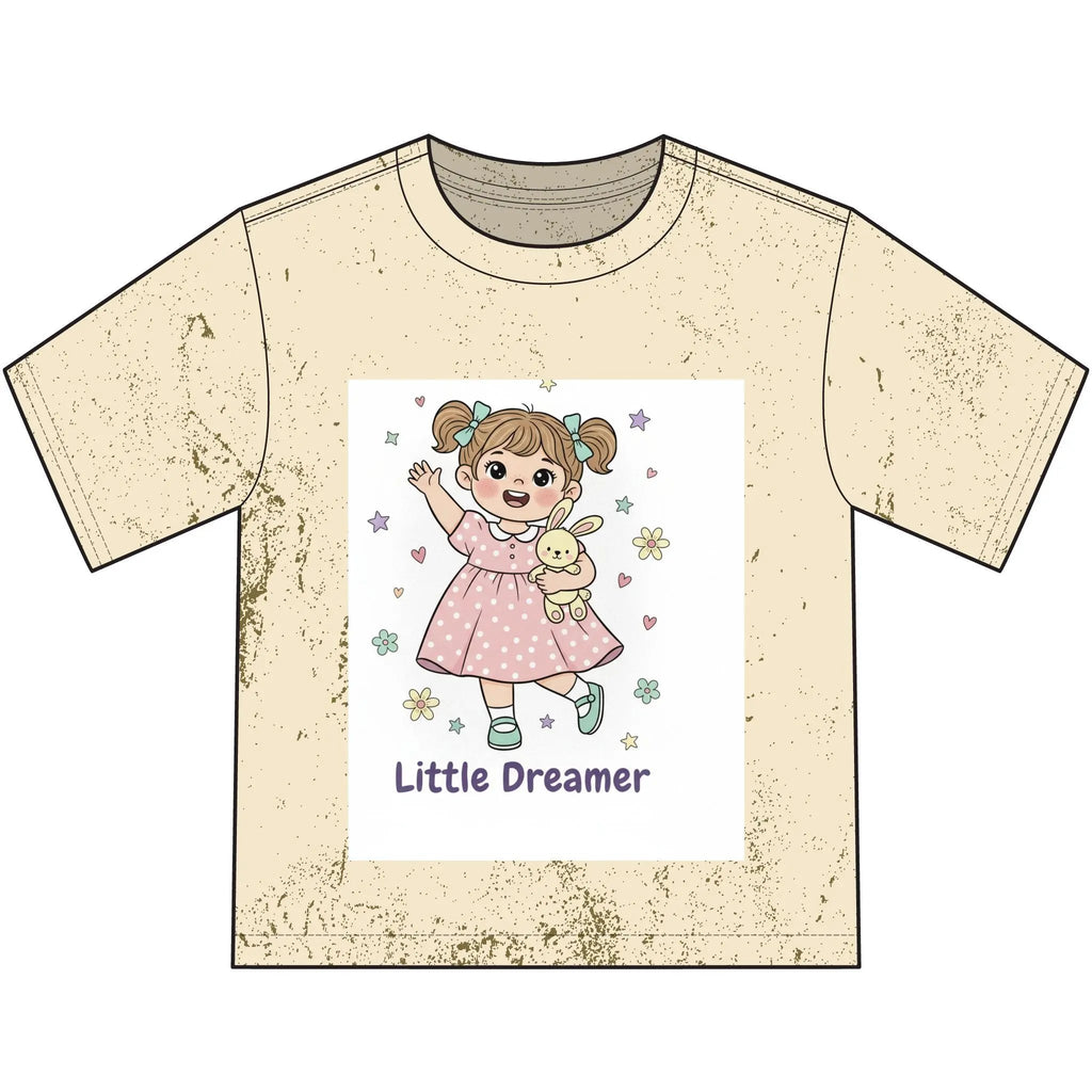 Beige t-shirt with a graphic of a girl in a pink dress holding a bunny and the text 'Little Dreamer' on a white background.