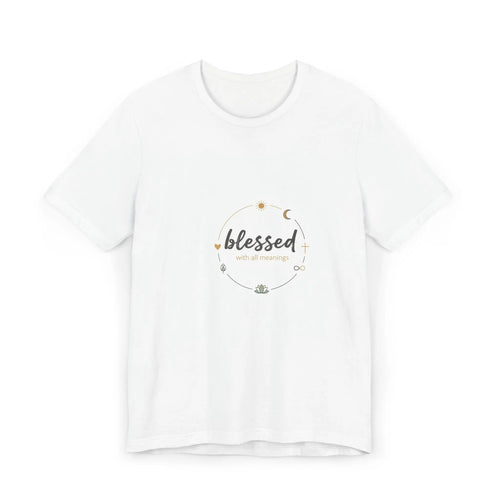 White t-shirt with 'blessed' text on a white background