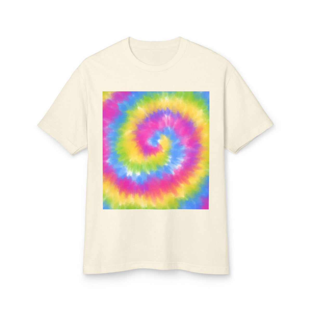 Beige t-shirt with a colorful spiral design on a white background