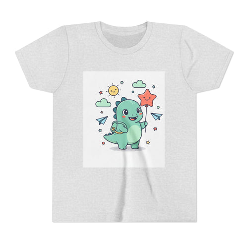 Cute Dinosaur Kids T-Shirt — Happy Dino Holding Star | Youth Short Sleeve Tee