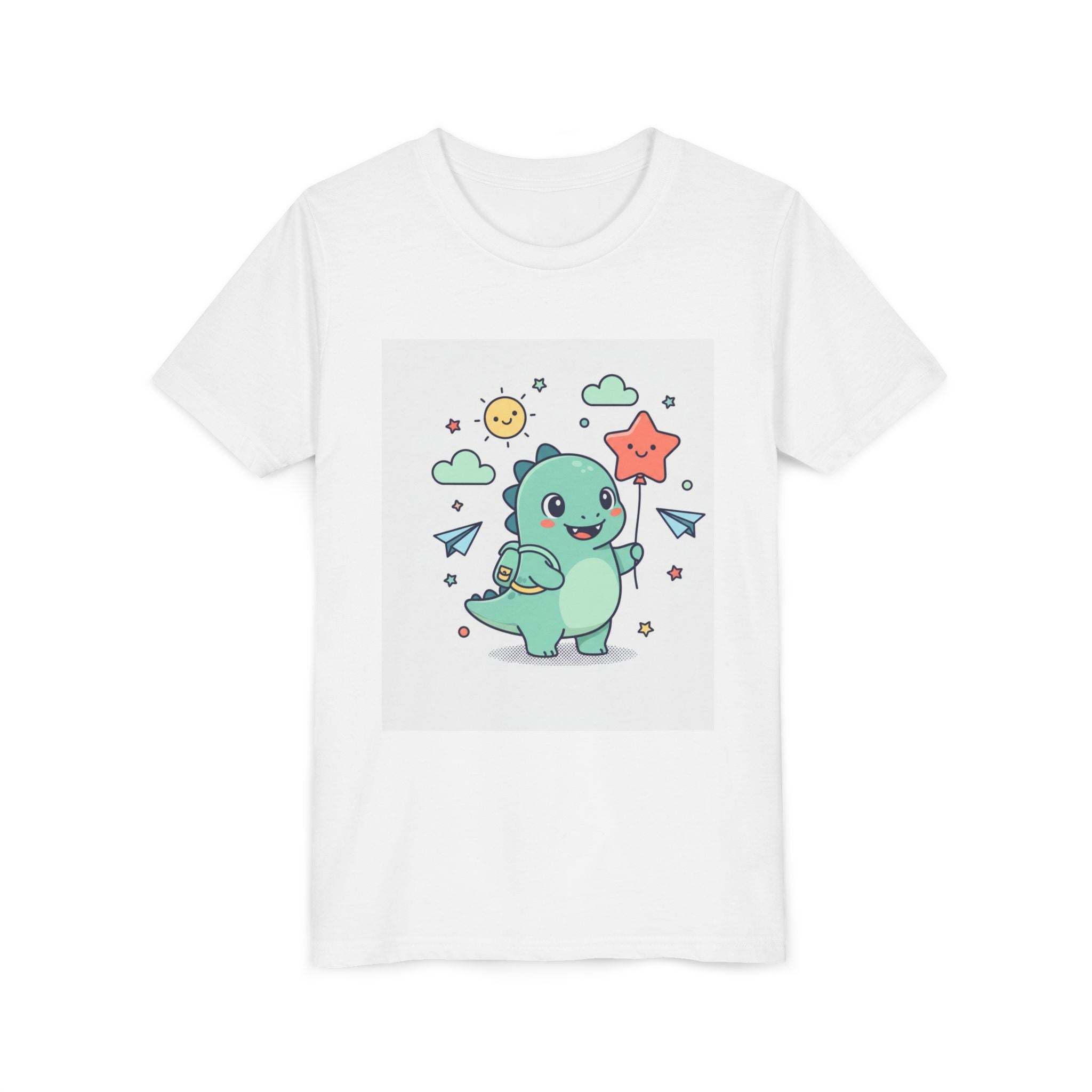 Cute Dinosaur Kids T-Shirt — Happy Dino Holding Star | Youth Short Sleeve Tee