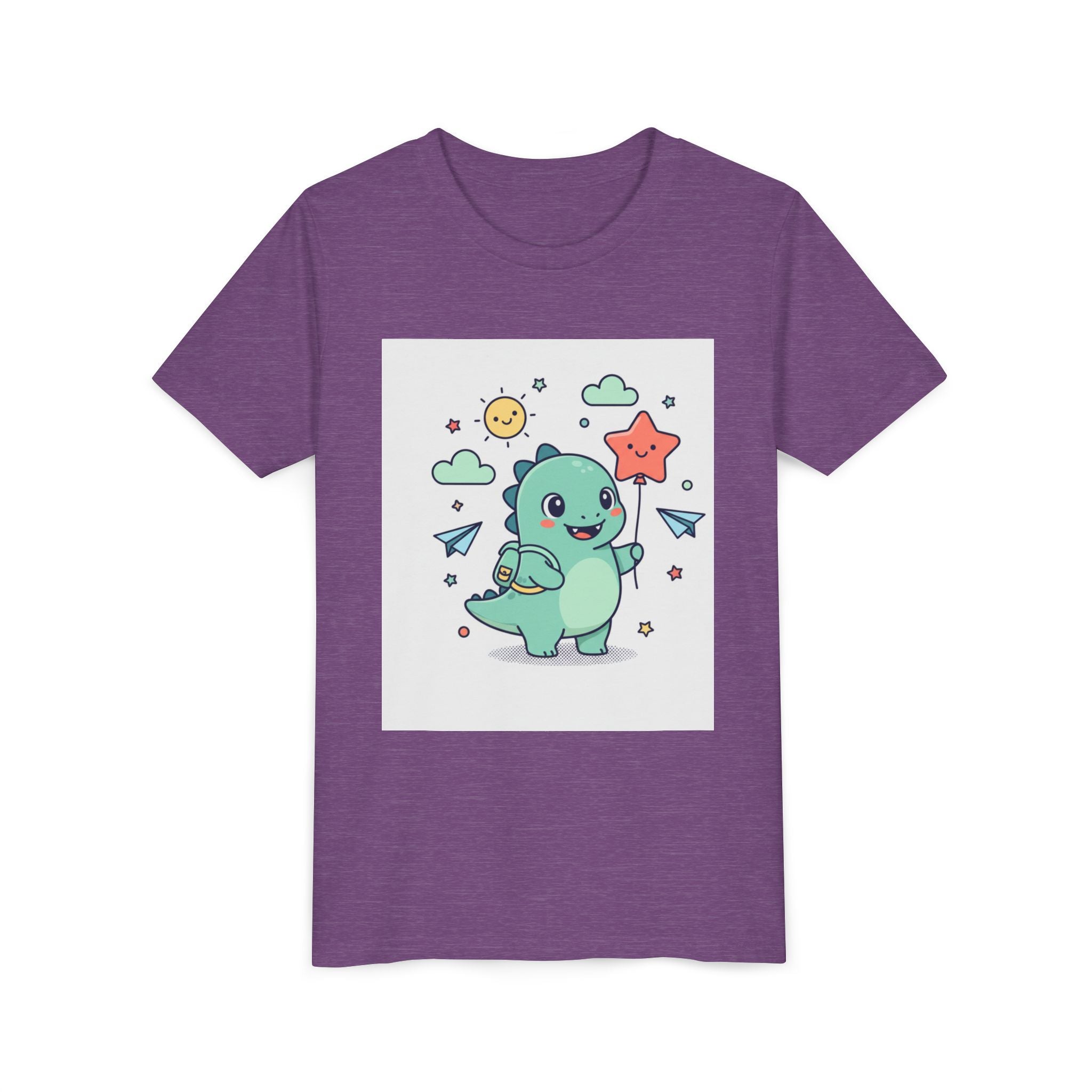 Cute Dinosaur Kids T-Shirt — Happy Dino Holding Star | Youth Short Sleeve Tee