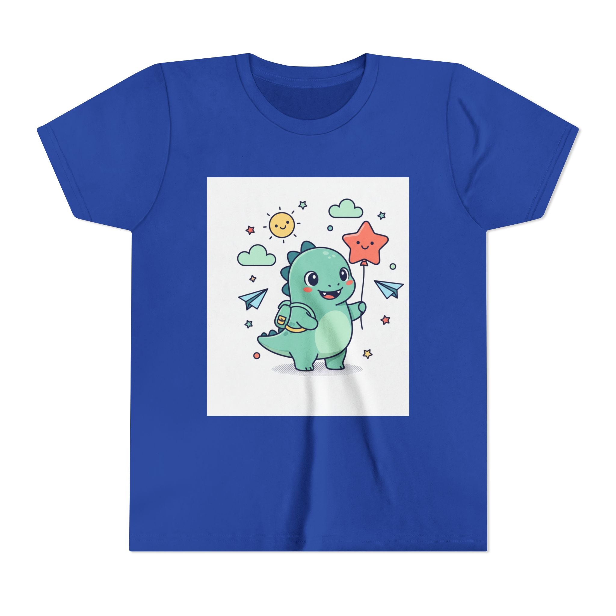 Cute Dinosaur Kids T-Shirt — Happy Dino Holding Star | Youth Short Sleeve Tee