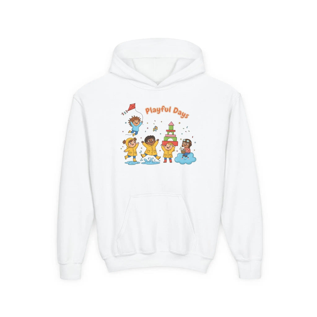 White hoodie with colorful graphic of children and 'Playful Days' text on a white background