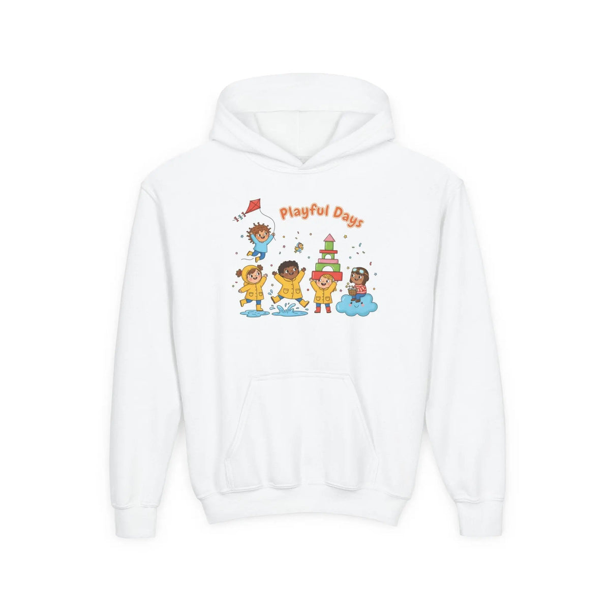 White hoodie with colorful graphic of children and 'Playful Days' text on a white background
