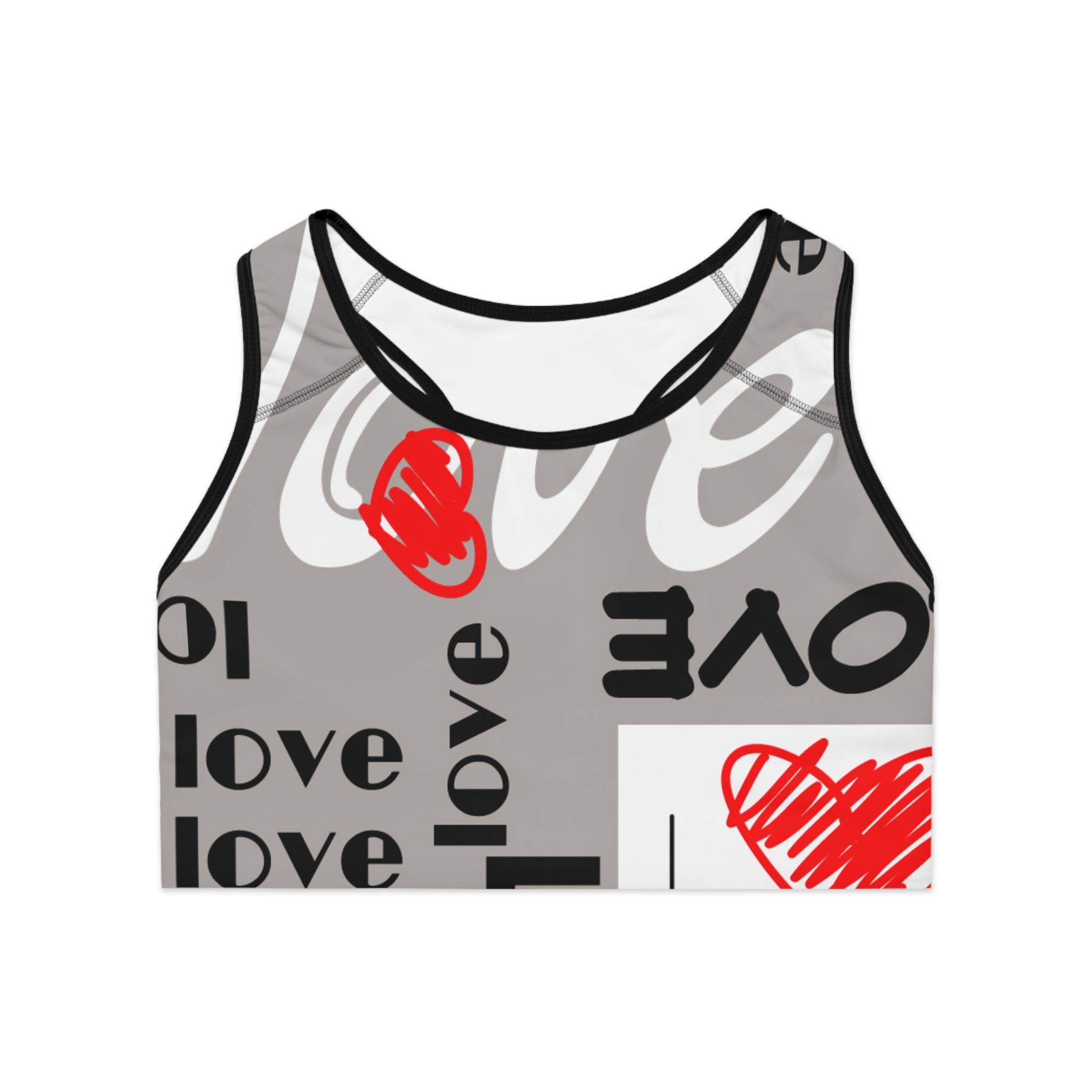 Love Pattern Sports Bra — Red Heart Graphic Athletic Crop