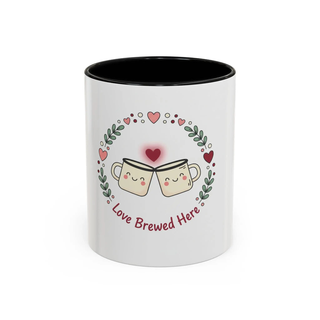 White mug with black interior, featuring cartoon mugs and hearts with 'Love Brewed Here' text on a white background.