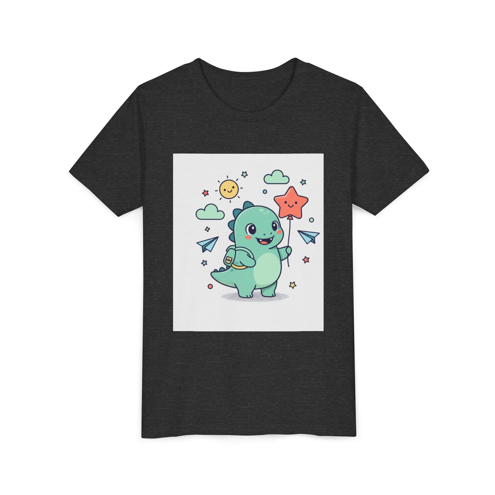 Cute Dinosaur Kids T-Shirt — Happy Dino Holding Star | Youth Short Sleeve Tee