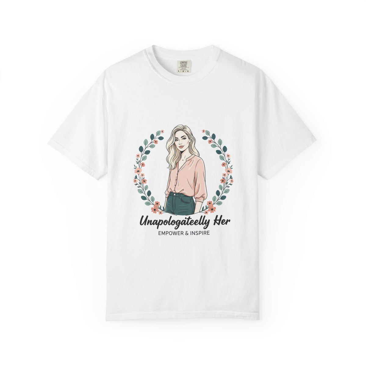 White t-shirt with a graphic of a woman and floral wreath on a white background