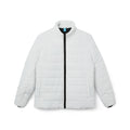White puffer jacket with a black zipper on a white background