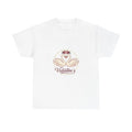 White t-shirt with a Valentine's Day design featuring swans and flowers on a white background