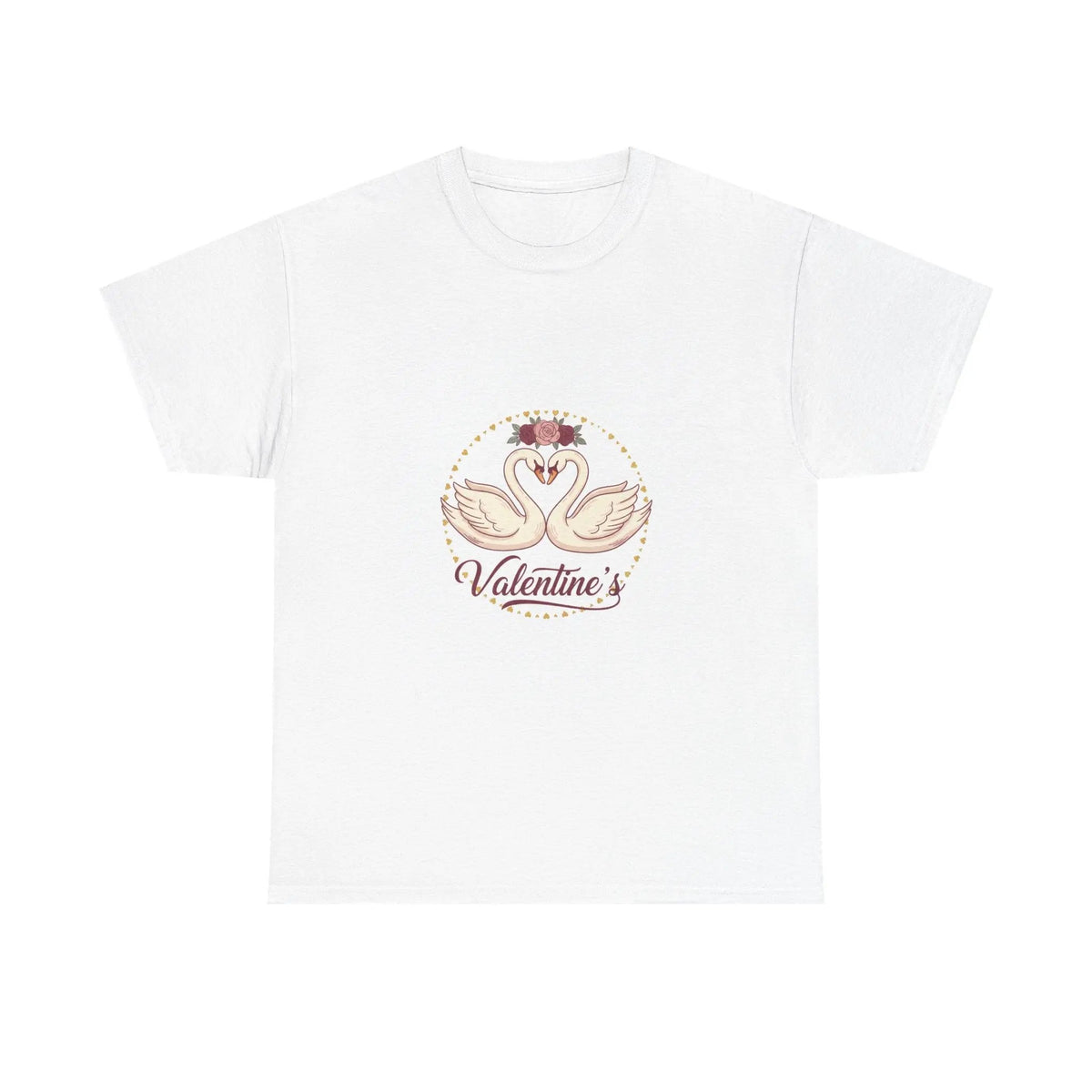 White t-shirt with a Valentine's Day design featuring swans and flowers on a white background