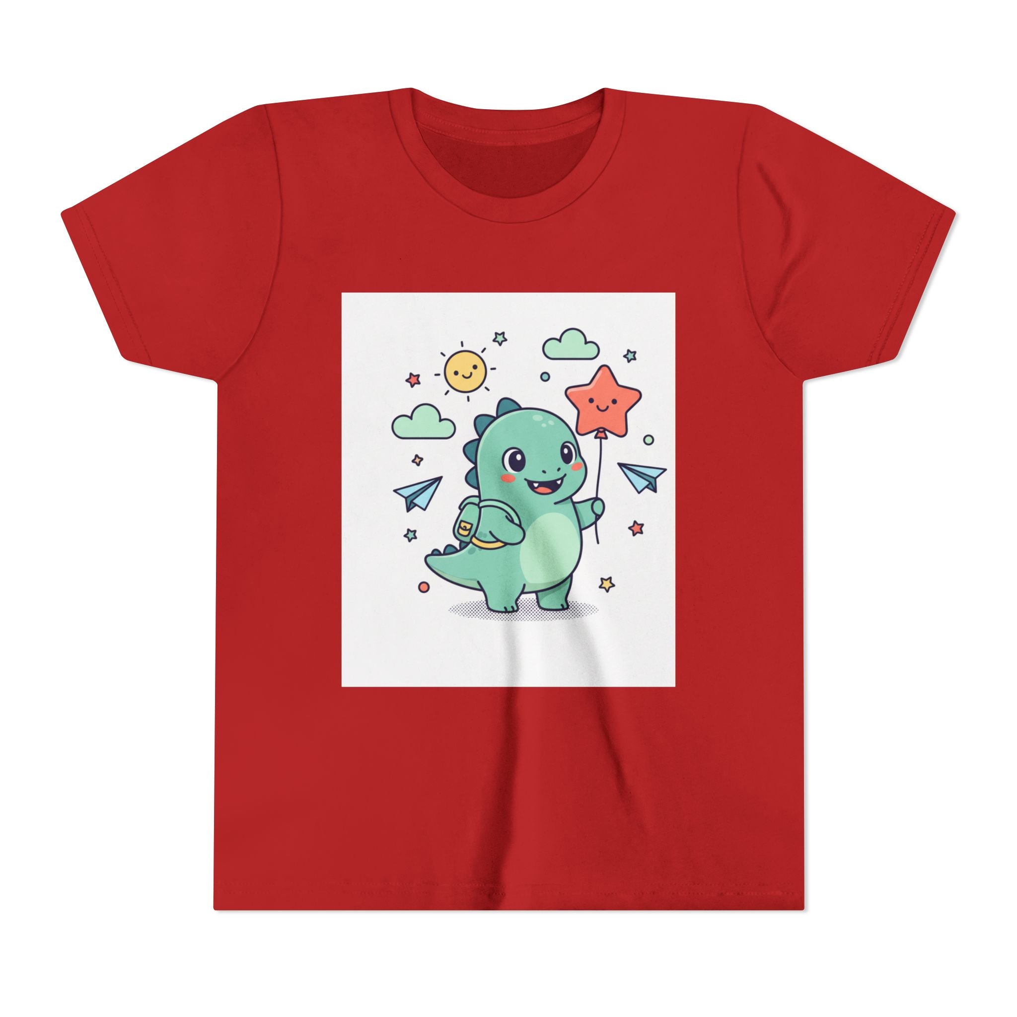 Cute Dinosaur Kids T-Shirt — Happy Dino Holding Star | Youth Short Sleeve Tee