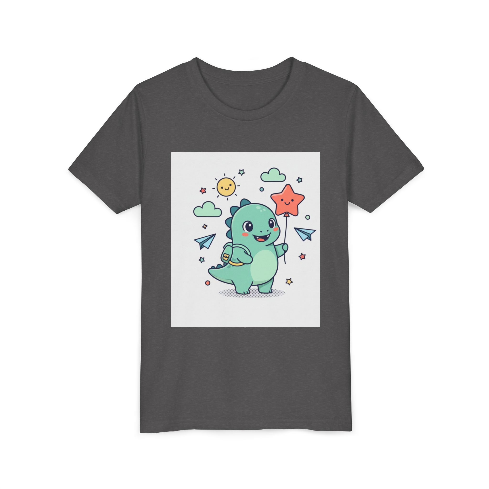 Cute Dinosaur Kids T-Shirt — Happy Dino Holding Star | Youth Short Sleeve Tee