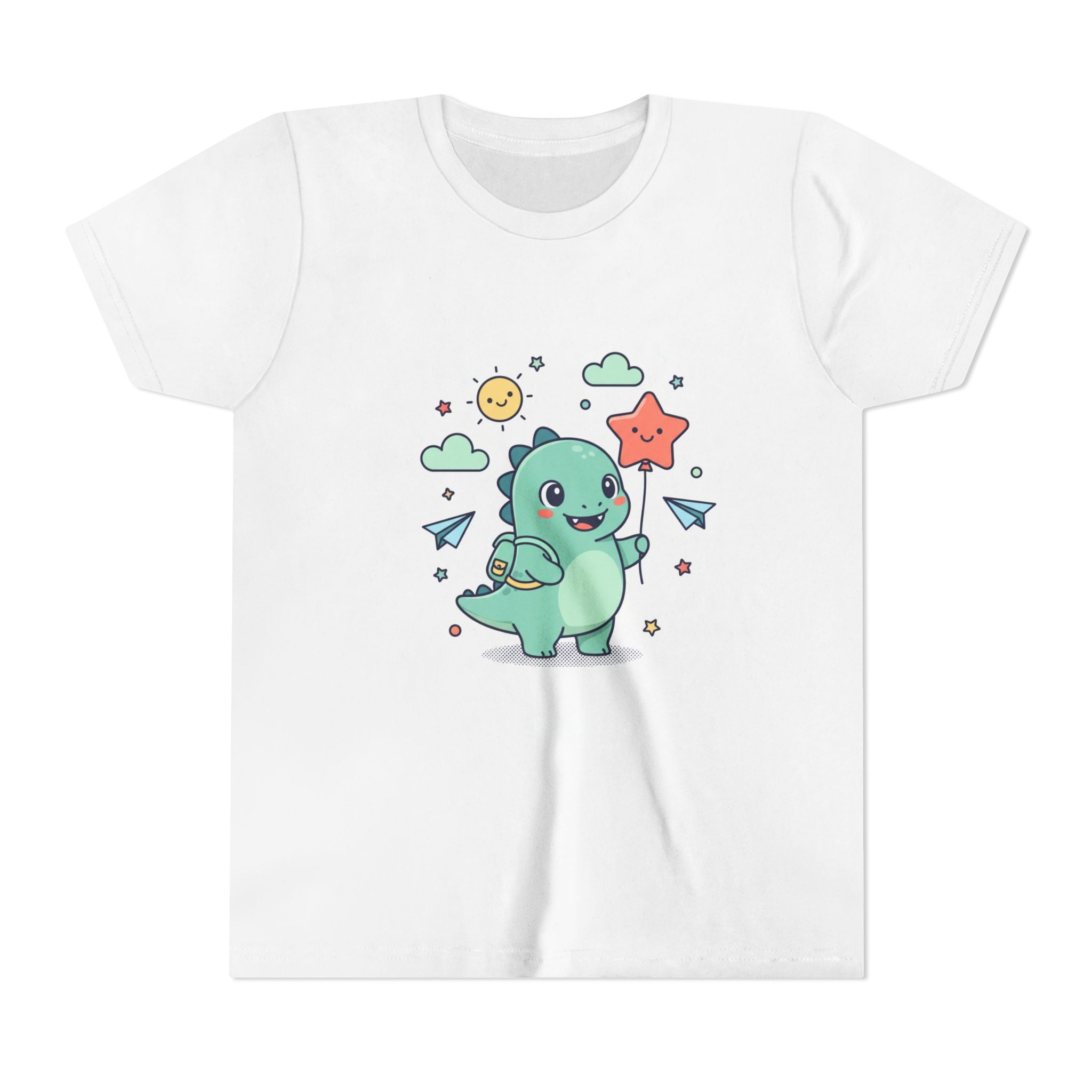 Cute Dinosaur Kids T-Shirt — Happy Dino Holding Star | Youth Short Sleeve Tee