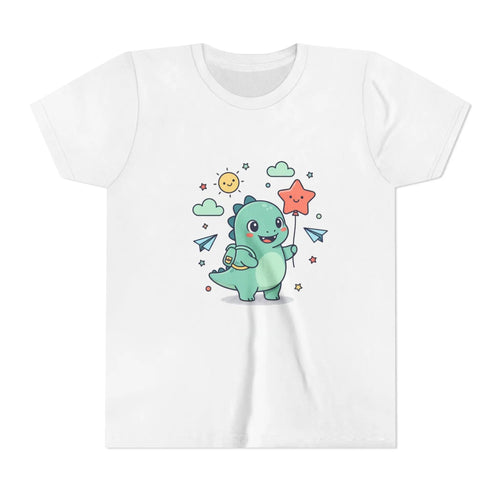 White t-shirt with a cartoon dinosaur design on a white background
