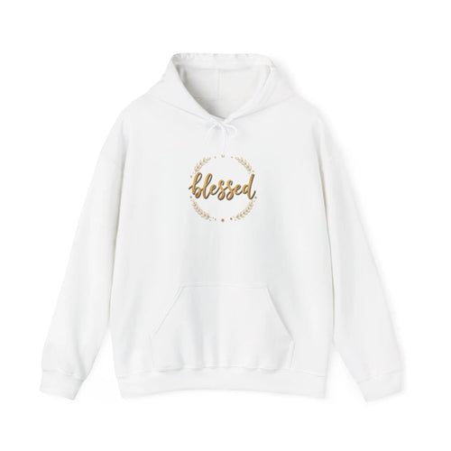 White hoodie with 'blessed' text on a white background