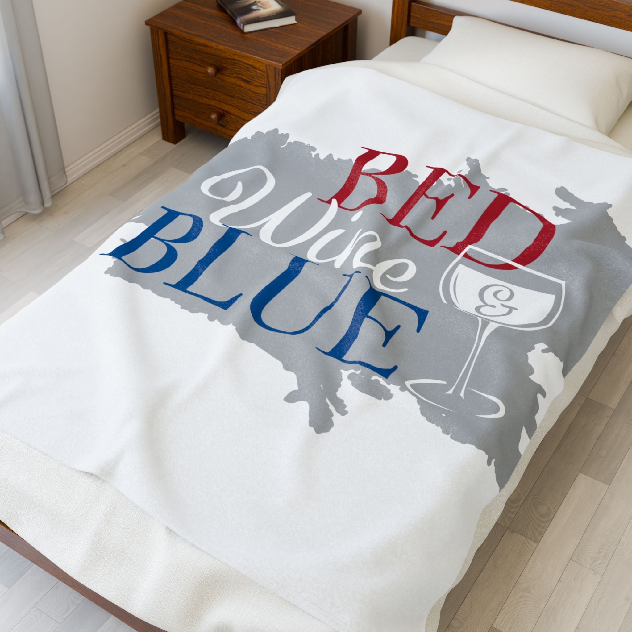 Bed Wine & Blue Velveteen Plush Blanket — Patriotic Wine Lover Throw